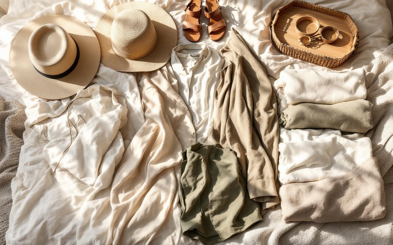 Garde-robe capsule boho aux tons neutres disposée sur un lit, vêtements en lin et coton pliés et superposés, chapeau à large bord, sandales en cuir et sac tressé sur du linge de lit crème, lumière douce et naturelle