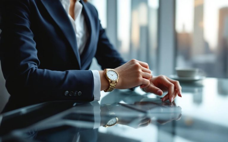 Femme d'affaires dans un bureau moderne vérifiant une montre de luxe au poignet, assise à un bureau en verre avec skyline urbaine en arrière-plan, costume bleu marine, lumière matinale douce créant des reflets, ambiance élégante et professionnelle.