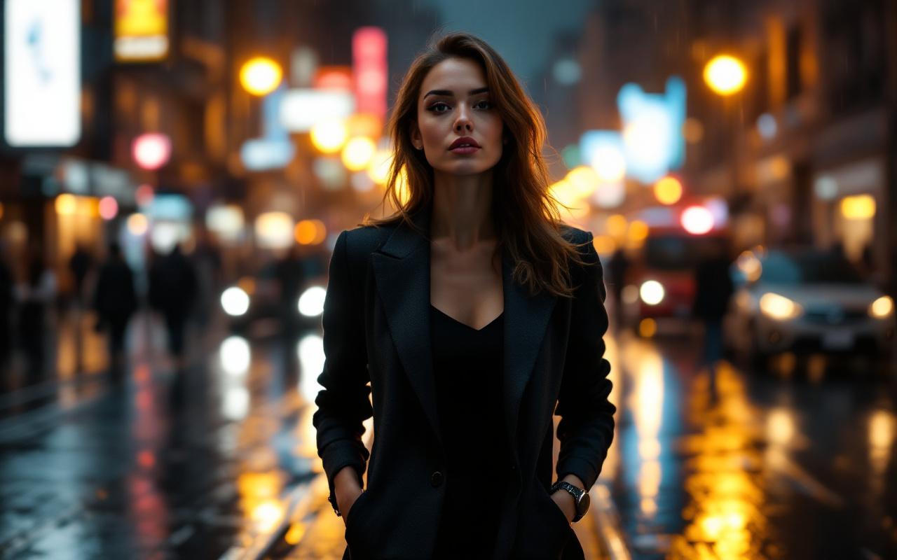Femme élégante en blazer et manteau marchant dans une ville pluvieuse, montre visible au poignet, rues mouillées reflétant les lumières urbaines, ambiance sombre avec reflets lumineux dorés.