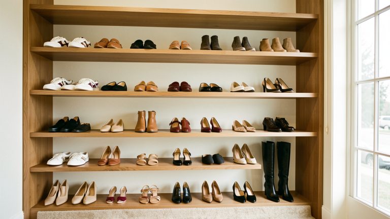 Dressing lumineux avec sept styles de chaussures pour femme soigneusement alignés sur des étagères en bois.