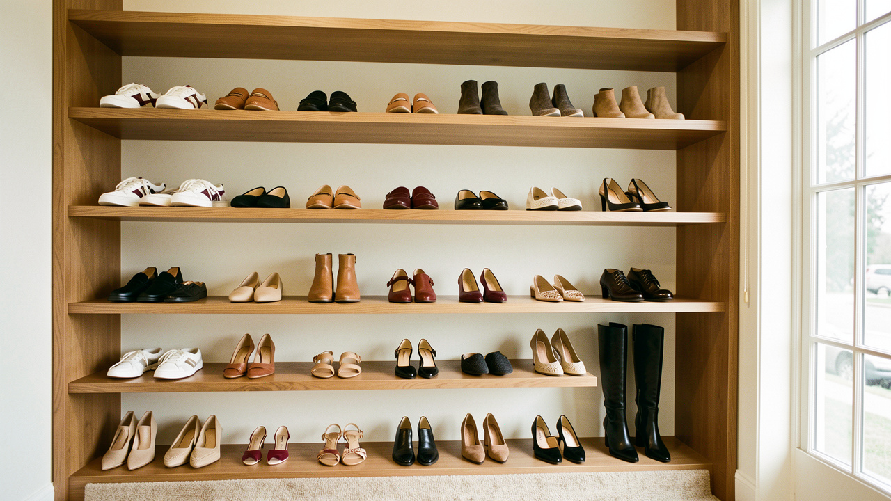 Dressing lumineux avec sept styles de chaussures pour femme soigneusement alignés sur des étagères en bois.