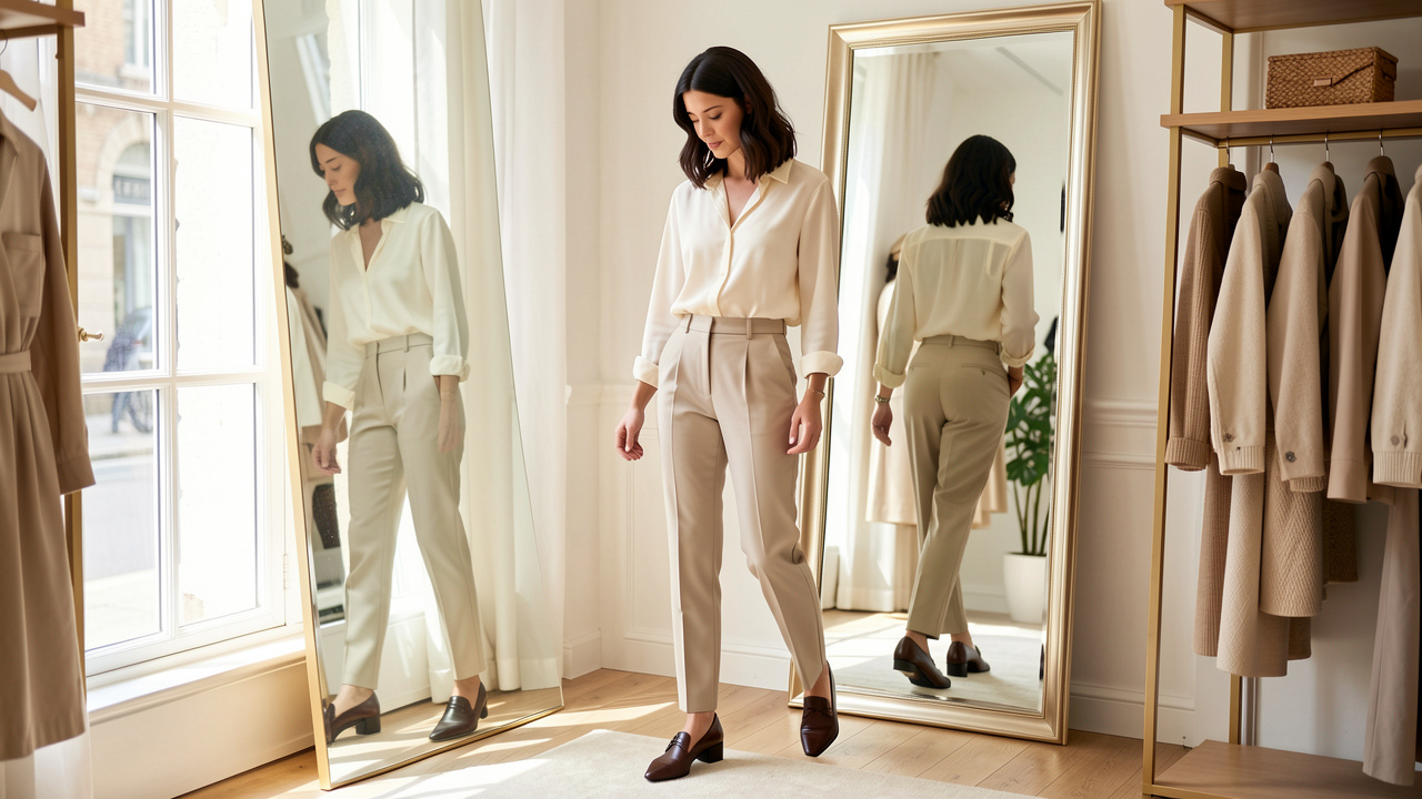Femme élégante essayant des chaussures raffinées devant un miroir dans un intérieur lumineux.