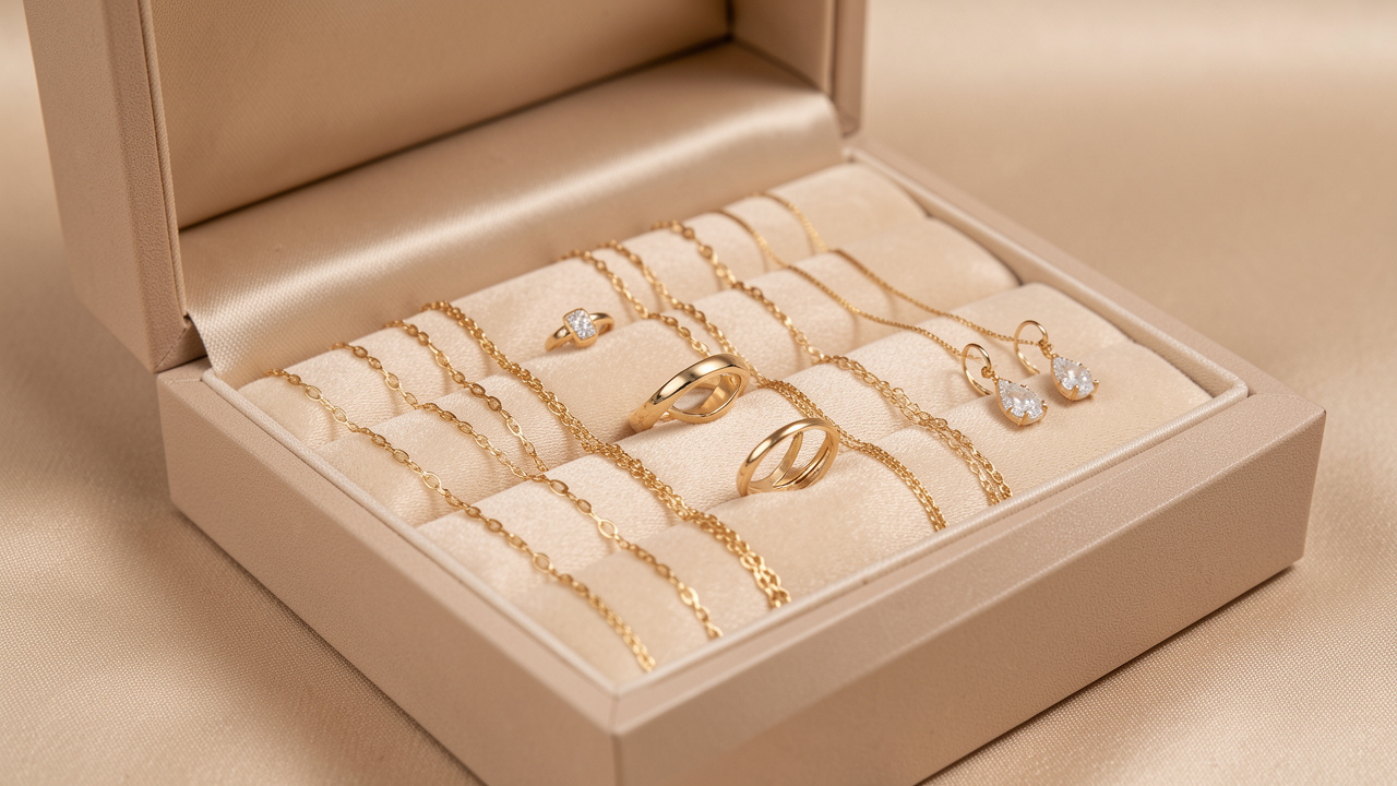 Écrin élégant ouvert présentant plusieurs bijoux dorés intemporels sur un fond de satin beige, éclairés par une lumière douce.