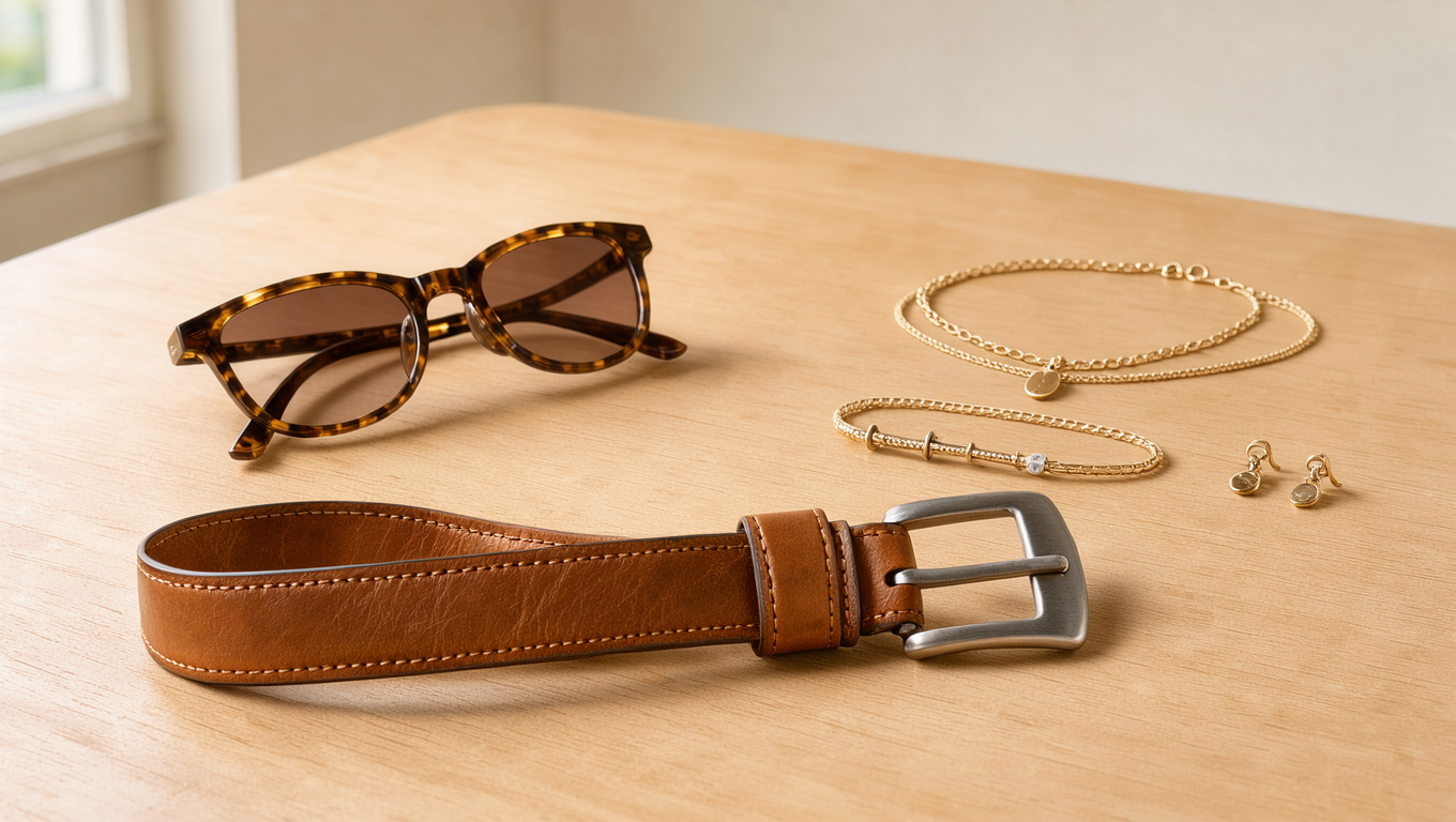 Accessoires de mode élégants disposés sur une table en bois clair, avec une ceinture en cuir, des lunettes de soleil et des bijoux dans une ambiance éditoriale raffinée.