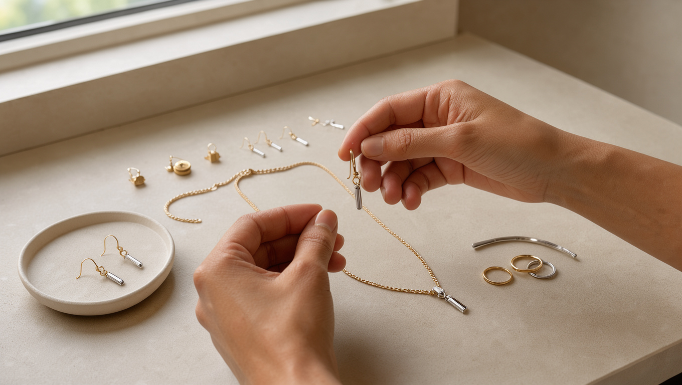 Bijoux dorés et argentés délicats harmonieusement disposés, avec une sélection équilibrée d’une paire de boucles d’oreilles, d’un bracelet, d’un collier et de bagues.