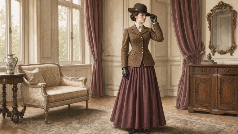 Illustration éditoriale réaliste d’une femme adulte du XIXe siècle portant une veste d’amazone, une jupe d’équitation et un chapeau dans un intérieur bourgeois lumineux.