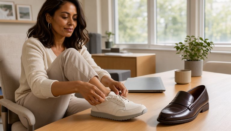 Femme assise au bureau qui ajuste une basket, avec un mocassin posé à côté d’elle pour illustrer le confort des chaussures.