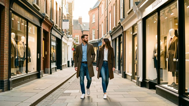 Rue londonienne élégante avec vitrines de mode masculine, un homme et une femme portant des manteaux, du denim et des baskets, baignés par une douce lumière de fin d’après-midi.