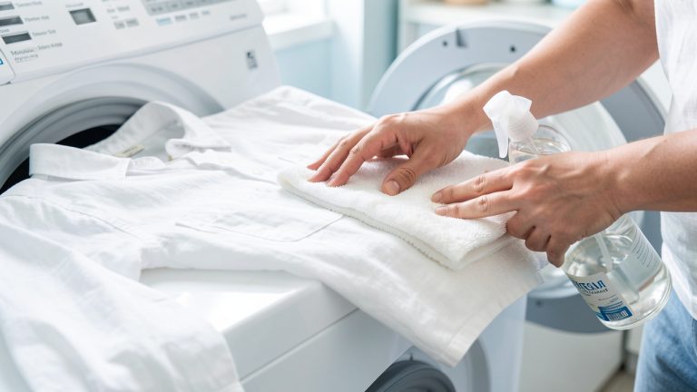 Linge blanc présentant de légères traces blanches, avec une solution naturelle et une machine à laver dans une buanderie lumineuse.